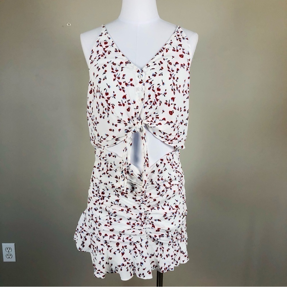 2pc set white floral print ruched ruffle mini skirt cropped front tie top